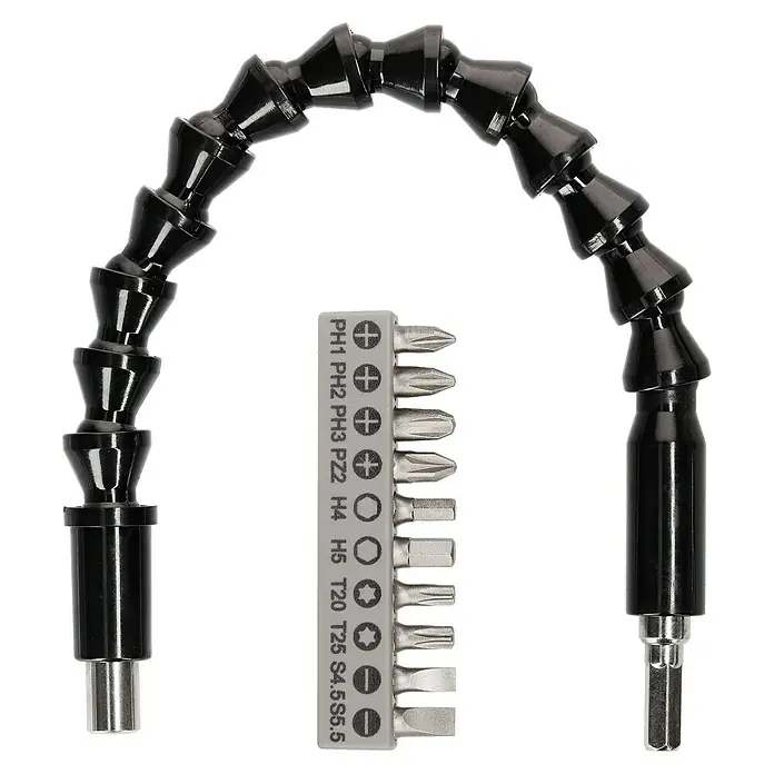 Craftomat Bit-Set - 11 -tlg. - Ein flexibles Verlängerungsstück für Schraubendreher mit verschiedenen Aufsätzen in einer Halterung für vielseitige Anwendungen.