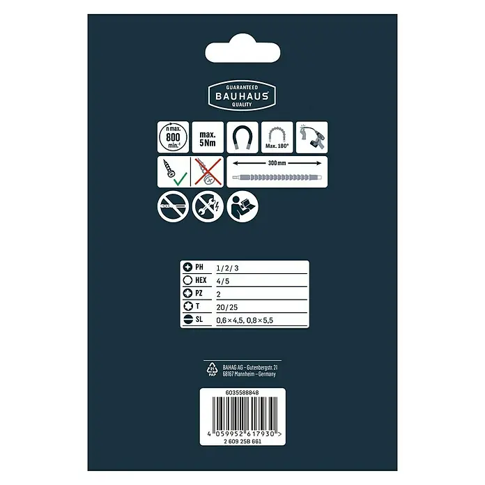 Craftomat Set de puntas - 11 pzs. - Imagen de un embalaje de producto Bauhaus que muestra información de par, velocidad y tamaños de broca para destornilladores.