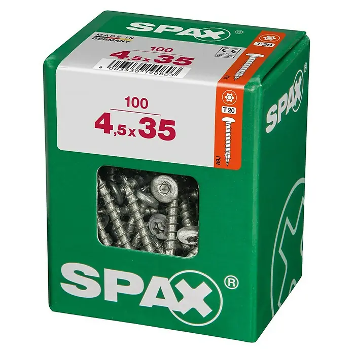Spax T-Star plus Universalschraube - Ø x L: 4,5 x 35 mm, Vollgewinde, 100 Stk. - Eine grüne Packung Spax Schrauben der Größe 4,5 x 35 mm, ideal für diverse Befestigungsarbeiten im Haus und Garten.
