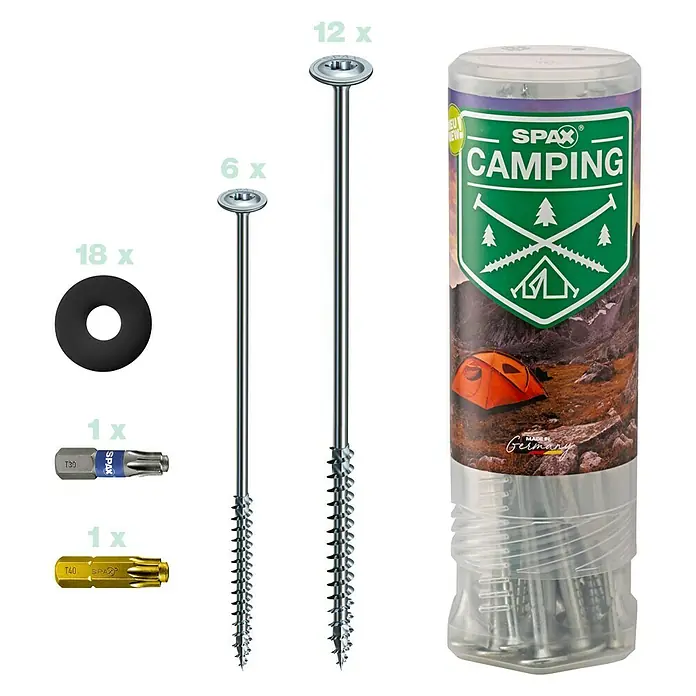 Spax Tellerkopfschraube Zelt - WIROX Oberfläche, T-Star plus - Produktbild eines Spax Camping-Sets mit Schrauben, Bits und Unterlegscheiben.