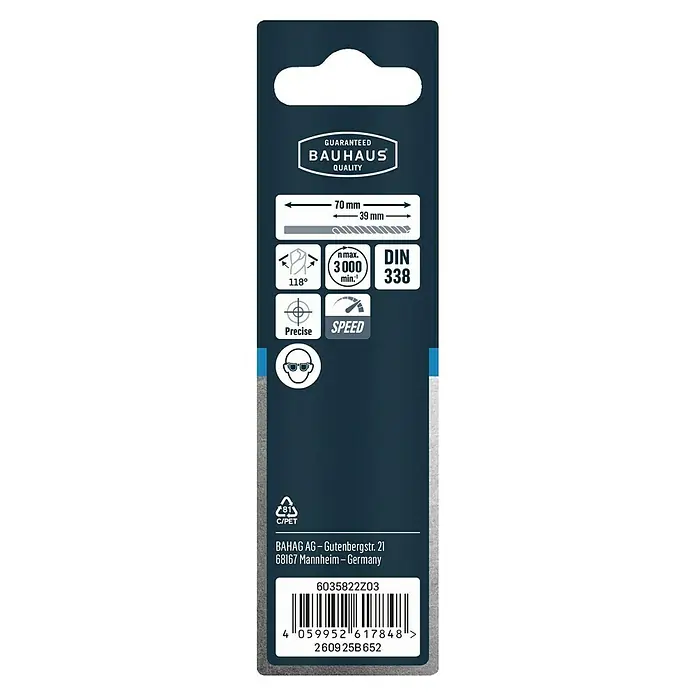 Craftomat Metallbohrer HSS-R Speed - 2 Stk., Durchmesser Bohrer: 3,5 mm - Verpackungsinformationen für einen Bauhaus-Bohrer mit Angaben zu Größe, Winkel, Drehzahl und Material.