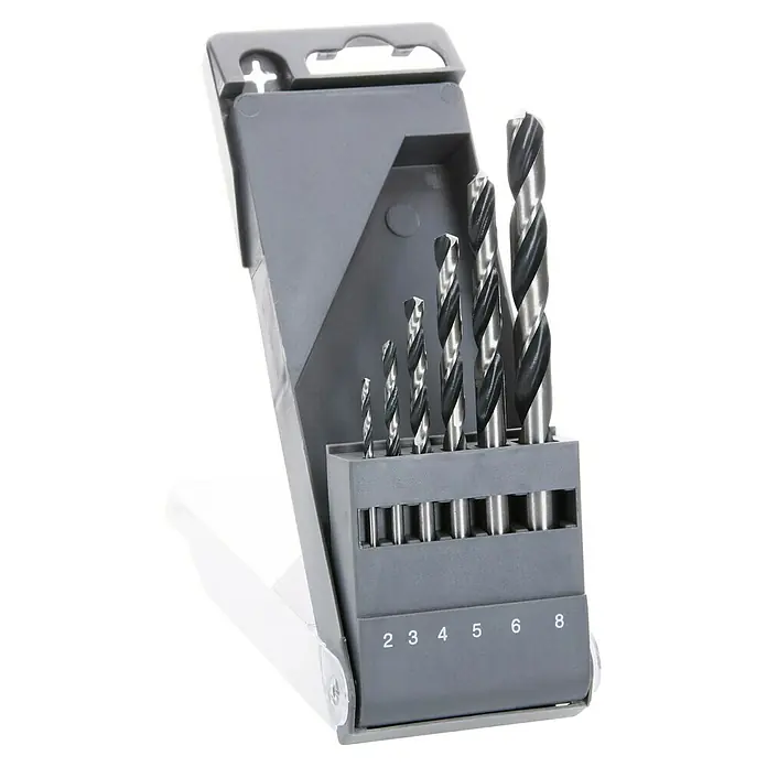 Craftomat Metallbohrer HSS-R SpeedDurchmesser Bohrer: 8 mm - Ein grauer Bohrer-Satz in einer Halterung mit verschiedenen Größen von 2 bis 8, ideal für Heimwerker und Profis.
