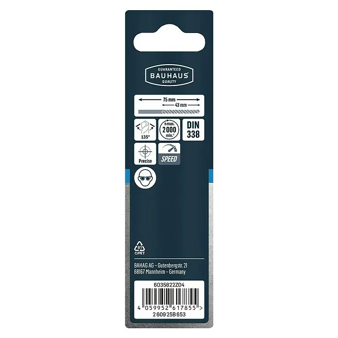 Craftomat Metallbohrer HSS-R Speed - 2 Stk., Durchmesser Bohrer: 4 mm - Detailaufnahme der Bauhaus-Produktverpackung mit technischen Spezifikationen und Herstellerinformationen für Heimwerkerbedarf.