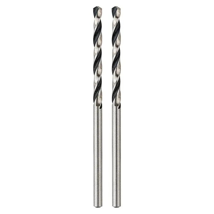 Craftomat Metallbohrer HSS-R Speed2 Stk., Durchmesser Bohrer: 2,5 mm - Zwei Spiralbohrer aus Metall auf schwarzem Hintergrund. Perfekt zum Bohren von Löchern in verschiedenen Materialien.