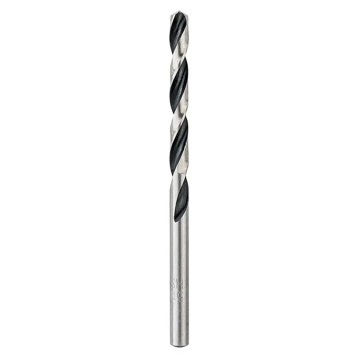 Craftomat Metallbohrer HSS-R Speed - 1 Stk., Durchmesser Bohrer: 5 mm - Nahaufnahme eines Spiralbohrers aus Metall mit spiralförmigen Nuten für präzises Bohren in verschiedenen Materialien.