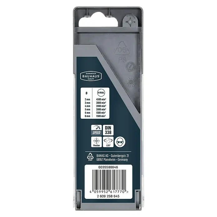 Craftomat Metallbohrer HSS-R Speed - Durchmesser Bohrer: 8 mm - Verpackung mit Bauhaus-Qualitätsbohrern, DIN 338, Geschwindigkeitsanzeige, präzise, 135°-Winkel, mit Barcode und Herstellerinformationen.