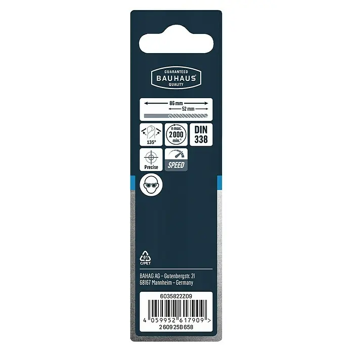 Craftomat Metallbohrer HSS-R Speed - 1 Stk., Durchmesser Bohrer: 5 mm - Produktverpackung mit Bauhaus-Logo, Barcode und technischen Details wie Größe, Winkel und Drehzahl.