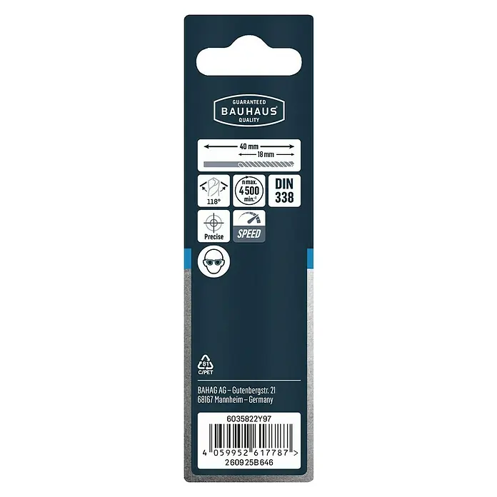 Craftomat Metallbohrer HSS-R Speed - 2 Stk., Durchmesser Bohrer: 1,5 mm - Detailaufnahme der Verpackung eines Bauhaus-Qualitätsbohrers mit technischen Spezifikationen und Barcode.