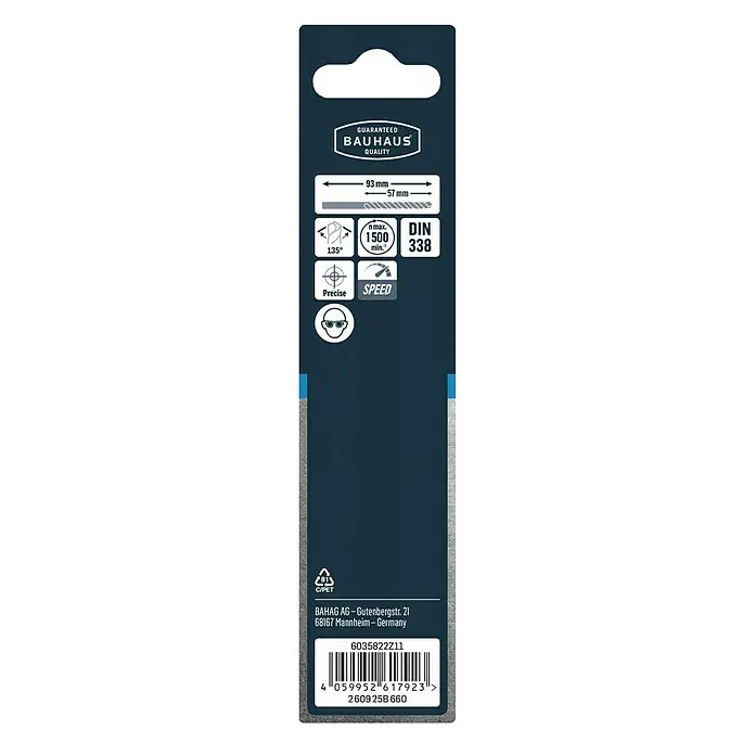 Craftomat Metallbohrer HSS-R Speed - 1 Stk., Durchmesser Bohrer: 6 mm - Bild einer Bohrerverpackung von Bauhaus mit Größenangaben, Artikelnummer und Herstellerinformationen.