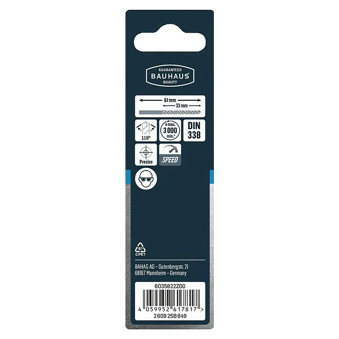 Craftomat Metallbohrer HSS-R Speed - 2 Stk., Durchmesser Bohrer: 3 mm - Nahaufnahme der Produktverpackung, die eine Qualitätsgarantie, Größenangaben, technische Spezifikationen und einen Barcode zeigt.