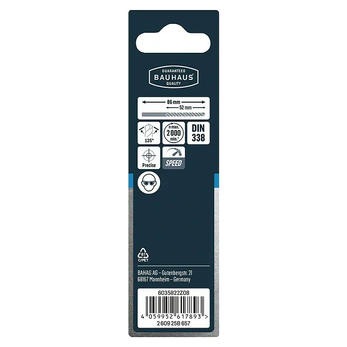 Craftomat Metallbohrer HSS-R Speed - 1 Stk., Durchmesser Bohrer: 4,9 mm - Verpackungsrückseite eines Bauhaus-Qualitätsbohrers mit technischen Daten und Barcode.