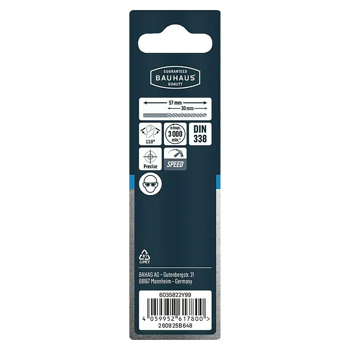 Craftomat Metallbohrer HSS-R Speed2 Stk., Durchmesser Bohrer: 2,5 mm - Produktverpackung mit Bauhaus-Qualitätsgarantie, Abmessungen, technischen Daten und Barcode für einfache Identifizierung.