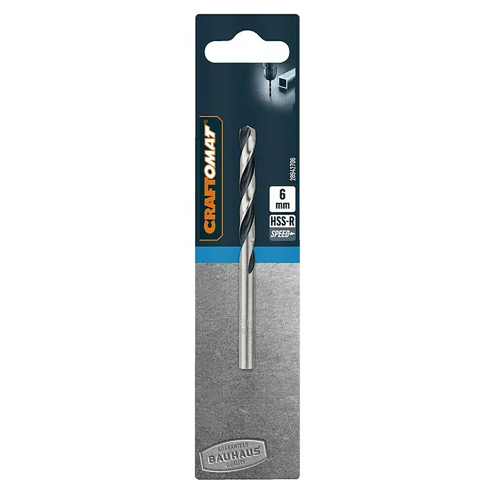 Craftomat Metallbohrer HSS-R Speed - 1 Stk., Durchmesser Bohrer: 6 mm - Abbildung eines Craftomat 6 mm HSS-R Spiralbohrers, verpackt und bereit für den Einsatz, ideal für Metallbohrarbeiten.