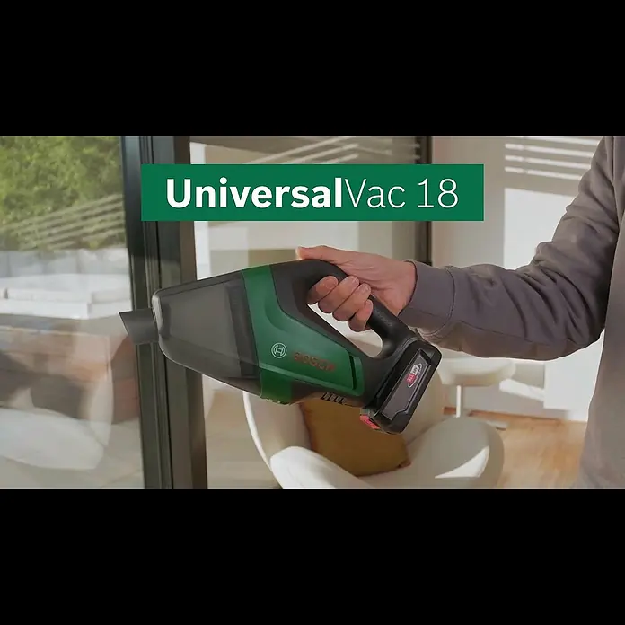 Bosch Power for All 18V Akku-Handstaubsauger UniversalVac 18 - 18 V, Ohne Akku, Behältervolumen: 0,5 l - UniversalVac 18: Der vielseitige Akku-Sauger mit hoher Saugleistung