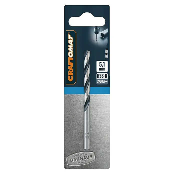 Craftomat Metallbohrer HSS-R Speed - 1 Stk., Durchmesser Bohrer: 5,1 mm - Nahaufnahme eines CRAFTOMAT 5,1 mm HSS-R Spiralbohrers, ideal zum Bohren von Metall mit garantierter BAUHAUS Qualität und hoher Geschwindigkeit.