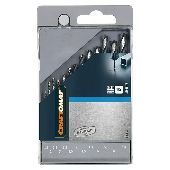 Craftomat Metallbohrer - 13 -tlg. - Eine 13-teilige HSS-R Metallbohrer-Set von Craftomat, ideal für präzise Bohrungen in verschiedenen Metallen, verpackt in einer robusten Kunststoffbox.