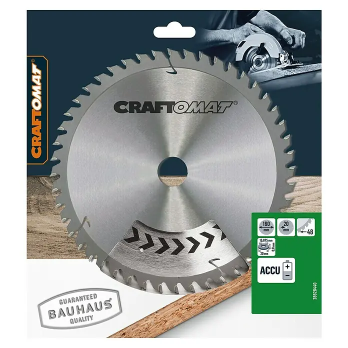 Craftomat Kreissägeblatt Accu Holz - 160 mm, Bohrung: 15,87 mm - 20 mm, Anzahl Zähne: 48 Stk. - Nahaufnahme eines Craftomat Kreissägeblatts, ideal für präzise Holzschnitte. Perfekt für Heimwerker und Profis.