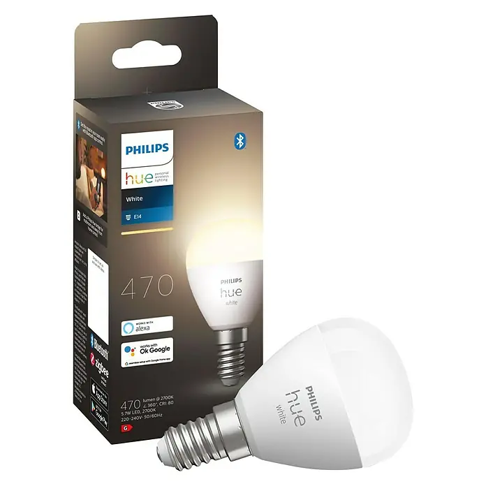 Philips Hue Smart-LED-Lampen Set Tropfenform E14 matt - E14, Dimmbar, Warmweiß, 470 lm, 5,7 W, Tropfen, 1 Stk. - Abbildung einer Philips Hue White E14 Lampe mit Verpackung. Die smarte LED-Lampe für Ihr Zuhause, steuerbar per App oder Sprachassistent.