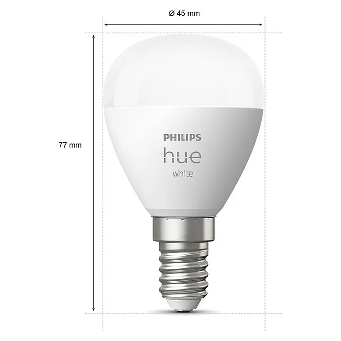Philips Hue Smart-LED-Lampen Set Tropfenform E14 matt - E14, Dimmbar, Warmweiß, 470 lm, 5,7 W, Tropfen, 2 Stk. - Abbildung einer Philips Hue White Lampe mit den Maßen 45 mm Durchmesser und 77 mm Höhe zur Illustration der Produktabmessungen.