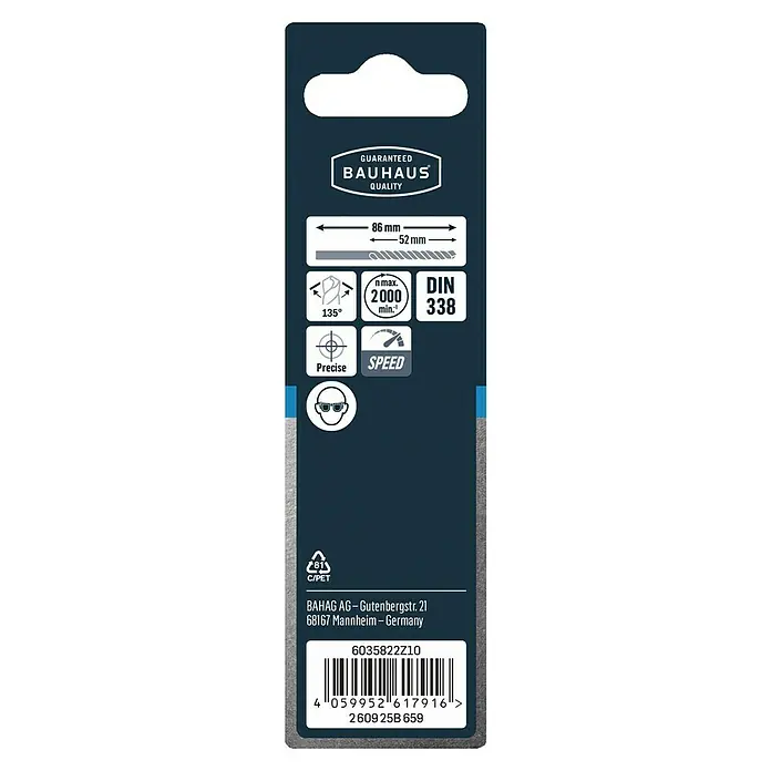 Craftomat Metallbohrer HSS-R Speed - 1 Stk., Durchmesser Bohrer: 5,1 mm - Verpackungsrückseite eines Bauhaus-Bohrers mit technischen Daten wie 86 mm Länge, 135°-Spitze und 2000 U/min max. Drehzahl.