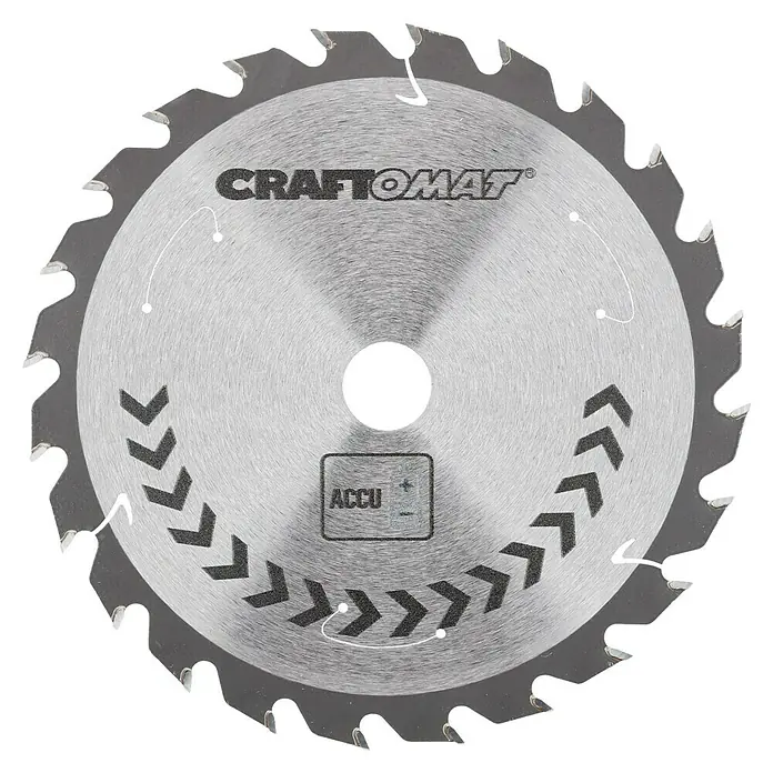 Craftomat Kreissägeblatt Accu Holz - 165 mm, Bohrung: 20 mm, Anzahl Zähne: 24 Stk. - Das Bild zeigt ein Kreissägeblatt von CRAFTOMAT, speziell für Akku-Geräte, mit scharfen Zähnen für präzise Schnitte.