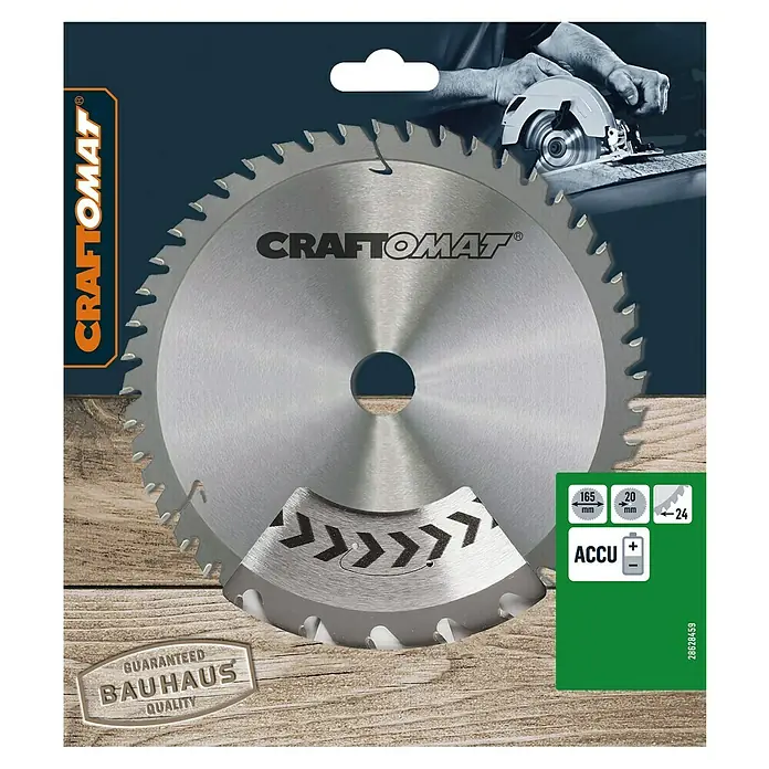 Craftomat Kreissägeblatt Accu Holz - 165 mm, Bohrung: 20 mm, Anzahl Zähne: 24 Stk. - Abbildung einer Craftomat Kreissägeblatt, 165mm Durchmesser, mit 24 Zähnen für Akku-betriebene Sägen, ideal für präzise Holzschnitte.