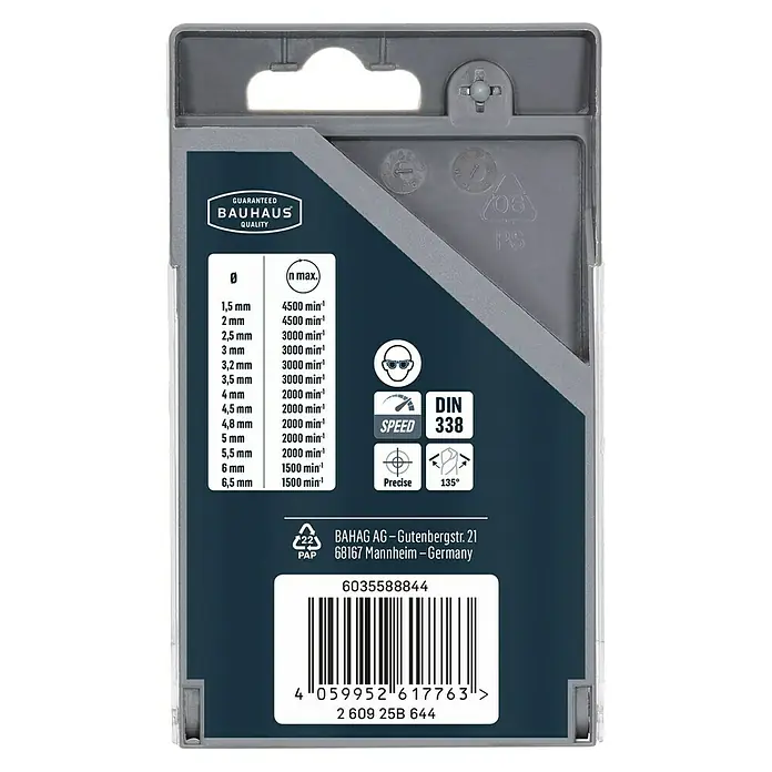 Craftomat Metallbohrer - 13 -tlg. - Nahaufnahme der Verpackungsrückseite von Bauhaus-Bohrern mit technischen Daten, Größenangaben und Barcode.