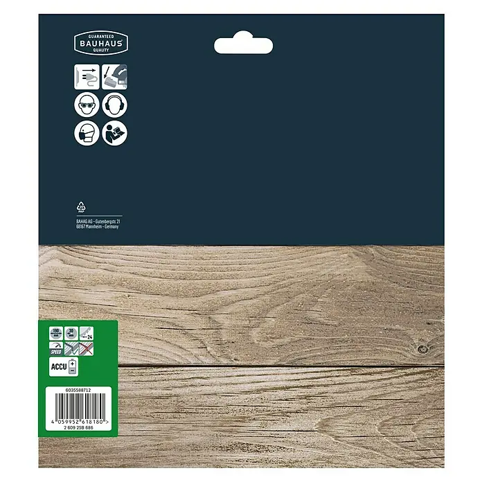 Craftomat Disco de sierra Accu Madera - 190 mm, Número de dientes: 24 ud. - Embalaje del producto Bauhaus con sello de garantía, instrucciones de seguridad y código de barras sobre textura de madera.