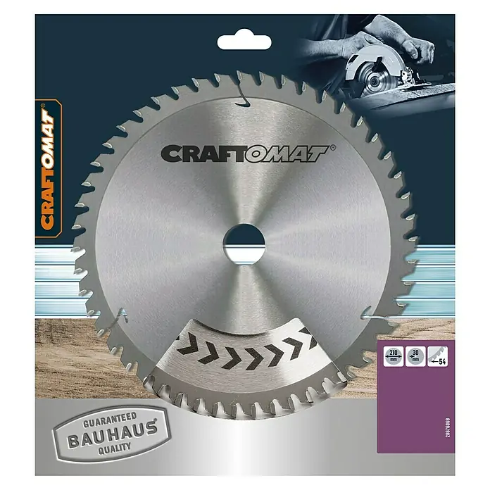 Craftomat Kreissägeblatt Multi - 210 mm, Bohrung: 30 mm, 54 Stk. - Craftomat Kreissägeblatt mit 210 mm Durchmesser, 30 mm Bohrung und 54 Zähnen für präzise Holzschnitte.