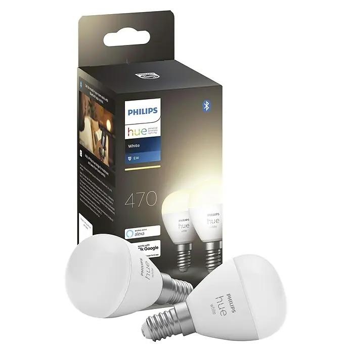 Philips Hue Smart-LED-Lampen Set Tropfenform E14 matt - E14, Dimmbar, Warmweiß, 470 lm, 5,7 W, Tropfen, 2 Stk. - Nahaufnahme eines Philips Hue White E14 470 Smart Bulb Dreierpacks mit Bluetooth-Konnektivität und Sprachsteuerung.