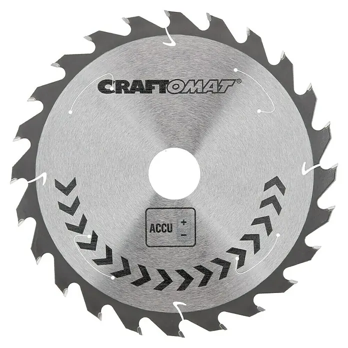 Craftomat Kreissägeblatt Accu Holz - 190 mm, Bohrung: 30 mm, Anzahl Zähne: 24 Stk. - Nahaufnahme eines Craftomat-Sägeblatts, das für Akku-Werkzeuge konzipiert ist und präzise Schnitte ermöglicht.