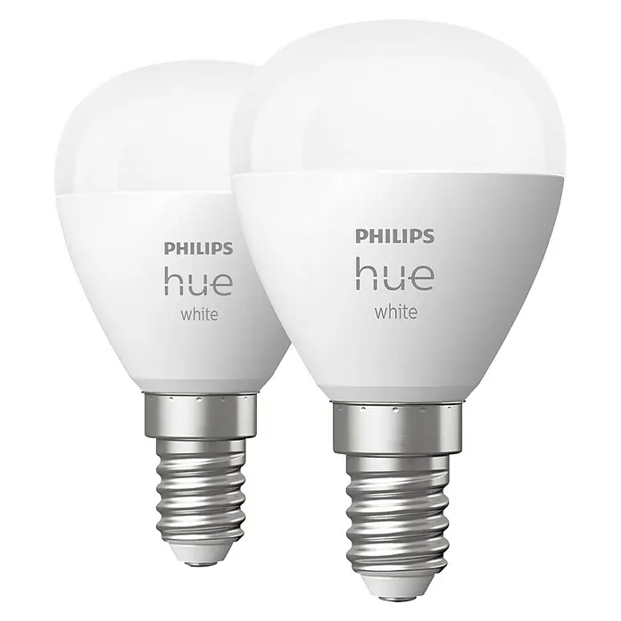 Philips Hue Smart-LED-Lampen Set Tropfenform E14 matt - E14, Dimmbar, Warmweiß, 470 lm, 5,7 W, Tropfen, 2 Stk. - Zwei Philips Hue White Lampen, ideal für eine stimmungsvolle Beleuchtung im ganzen Haus, dank der einfachen Installation und Steuerung.
