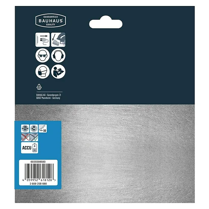 Craftomat Disco de sierra Accu Acero - 136 mm, Orificio: 20 mm, Número de dientes: 30 ud. - Embalaje del producto con garantía de calidad Bauhaus, símbolo de batería, código de barras e instrucciones de seguridad para bricolaje.