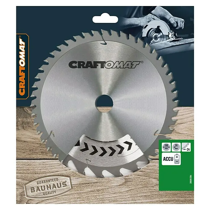 Craftomat Kreissägeblatt Accu Holz - 190 mm, Bohrung: 30 mm, Anzahl Zähne: 24 Stk. - Abgebildet ist ein Kreissägeblatt von Craftomat mit 190 mm Durchmesser und 30 mm Bohrung, ideal für Akku-betriebene Sägen.
