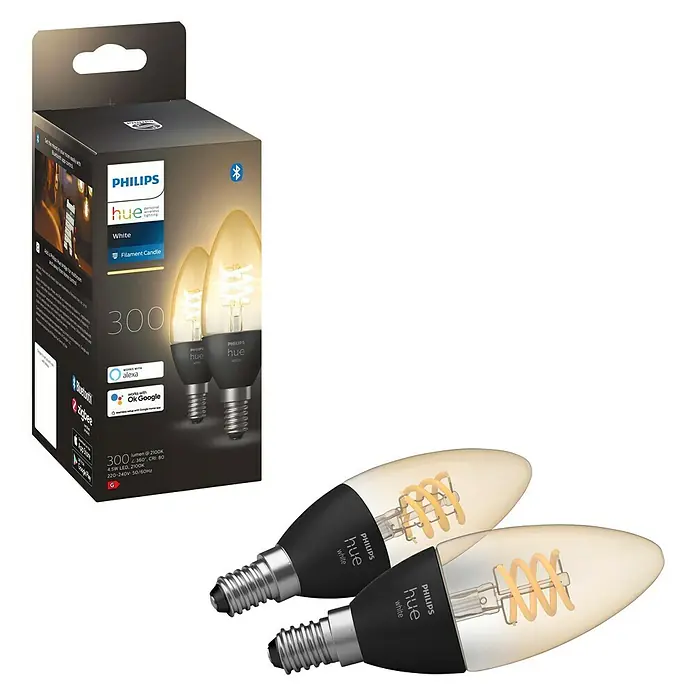 Philips Hue Smart-LED-Lampen Set Smart Vintage E27 - E14, Dimmbar, Warmweiß, 300 lm, 4,5 W, 2 Stk. - Das Bild zeigt die Philips Hue White Filament Candle, eine smarte LED-Lampe mit Bluetooth, ideal für stimmungsvolle Beleuchtung.