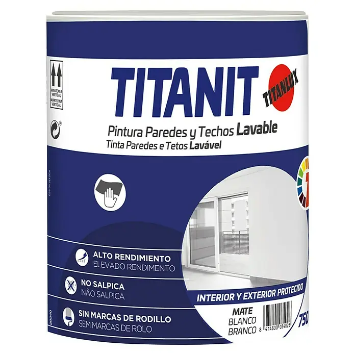 Titanlux Pintura para paredes y techos Titanit - Blanco, Mate, 750 ml - Bote de pintura Titanit para paredes y techos lavables, interior y exterior, blanco mate, alta cobertura y fórmula antigoteo.