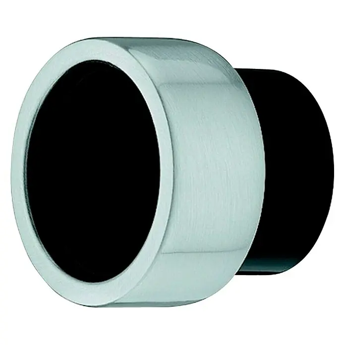 Häfele Pomo para muebles - Ø x Al: 35 x 30 mm, Plástico, Niquelado, Negro/Plateado - Primer plano de un soporte de pared redondo de color plateado para una barra de cortina con extremo negro.