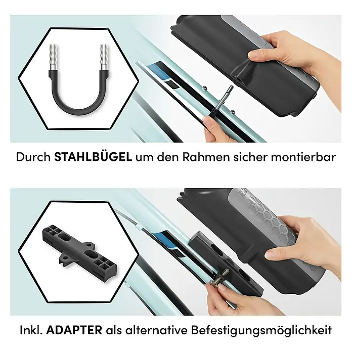 BeeMyBox Fahrradtasche - 10 cm, 26,9 cm, 8,8 cm - Bild mit verschiedenen Montageoptionen für ein Produkt, inklusive Stahlbügel und Adapter für alternative Befestigungsmöglichkeiten.