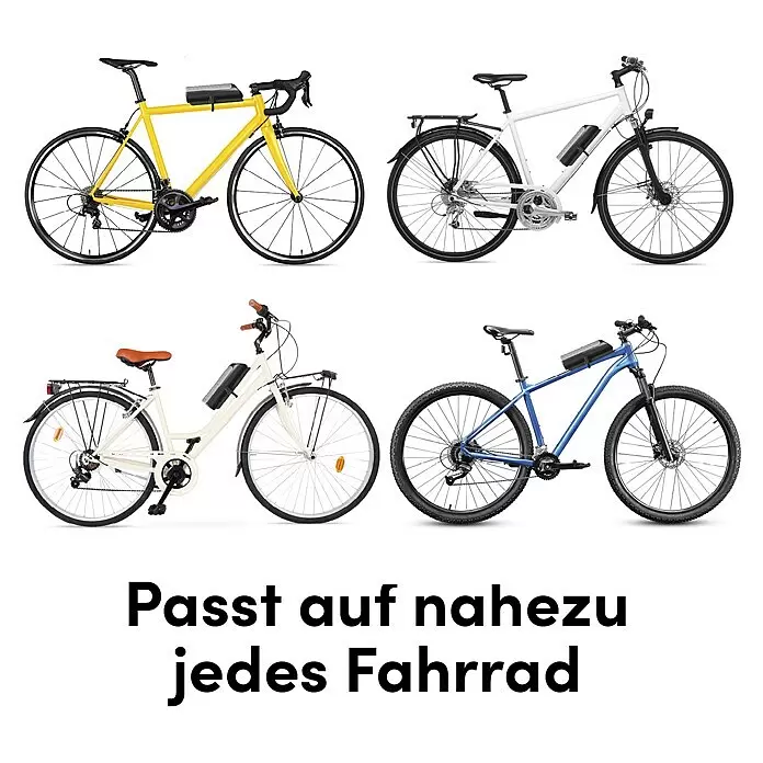 BeeMyBox Fahrradtasche - 10 cm, 26,9 cm, 8,8 cm - E-Bike-Umrüstsystem mit schwarzen Akkus auf verschiedenen Fahrrädern: Rennrad, Cityrad, Mountainbike. Universell kompatibel.