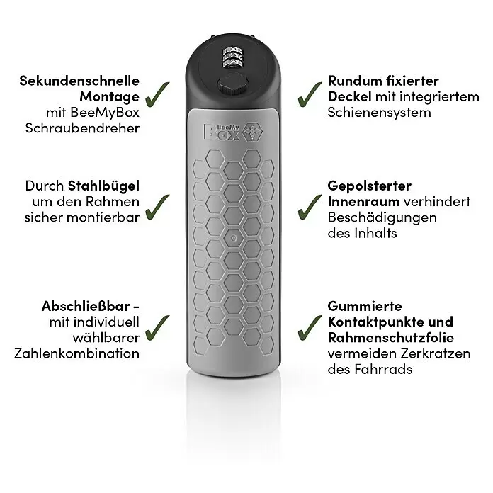 BeeMyBox Fahrradtasche - 10 cm, 26,9 cm, 8,8 cm - Grau-schwarze zylindrische Aufbewahrungsbox mit Wabenmuster und Zahlenschloss zur sicheren Fahrradmontage.