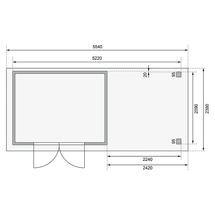 Karibu Gartenhaus Askola - Außenmaß inkl. Dachüberstand (B x T): 554 x 238 cm, Holz, Natur, Mit Anbaudach - Detaillierte Bauzeichnung mit präzisen Maßangaben für ein Bauprojekt, einschließlich Wandstärken und Raumdimensionen für genaue Planung.