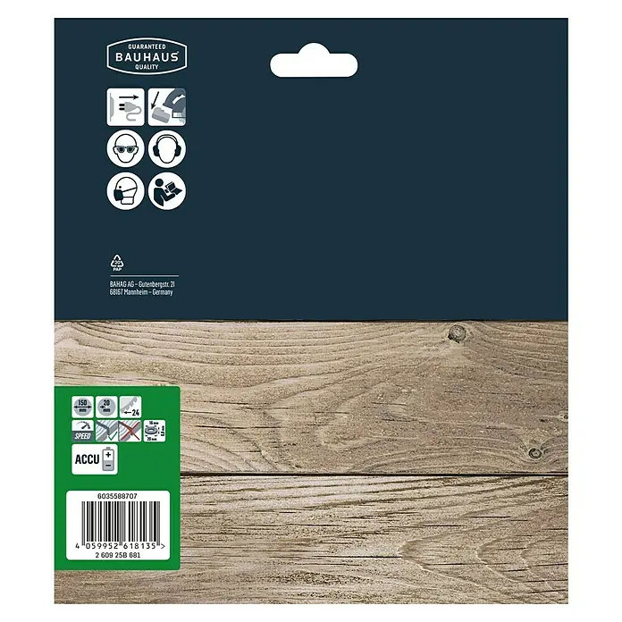 Craftomat Disco de sierra Accu Madera - 150 mm, Diámetro interior de la hoja de sierra: 16 mm - 20 mm, Número de dientes: 24 ud. - Embalaje del producto con garantía de calidad Bauhaus, especificaciones de tamaño y código de barras para fácil identificación.