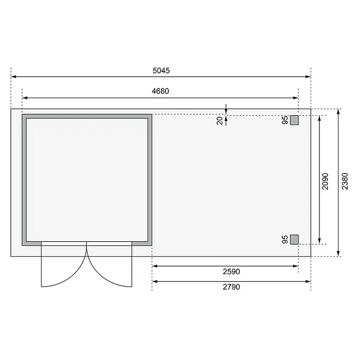 Karibu Gartenhaus Askola - Außenmaß inkl. Dachüberstand (B x T): 504,5 x 238 cm, Holz, Natur, Mit Anbaudach - Ansicht eines Bauplans mit Maßen, der ein Gebäude mit Anbau und Tür zeigt. Die detaillierte Zeichnung ist für Bau- oder Renovierungszwecke gedacht.