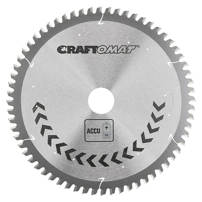 Craftomat Kreissägeblatt Accu Alu - 216 mm, Bohrung: 30 mm, 64 Stk. - Kreissägeblatt von CRAFTOMAT mit Zähnen am Rand und Batterieanzeige.