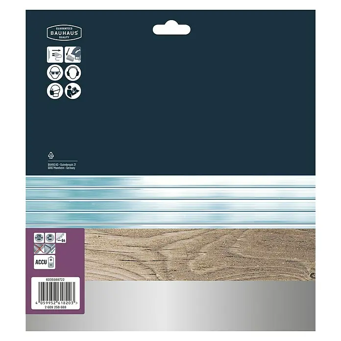 Craftomat Disco de sierra Accu Madera y Metal - 216 mm, Orificio: 30 mm, 64 ud. - Embalaje del producto con garantía de calidad Bauhaus, logotipo ACCU, especificaciones de tamaño y código de barras para una fácil identificación.