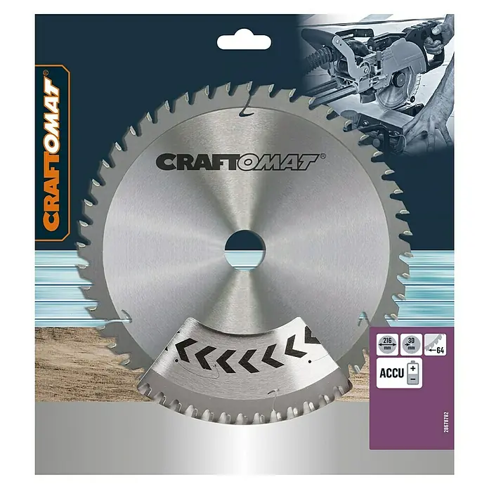 Craftomat Kreissägeblatt Accu Alu - 216 mm, Bohrung: 30 mm, 64 Stk. - Abgebildet ist ein CRAFTOMAT Kreissägeblatt mit 216mm Durchmesser und 64 Zähnen, ideal für Akku-Kreissägen.