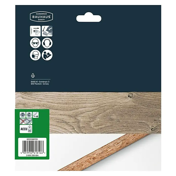 Craftomat Disco de sierra Accu Madera - 165 mm, Orificio: 20 mm, Número de dientes: 48 ud. - Imagen del embalaje de un producto Bauhaus, con garantía de calidad, instrucciones de seguridad y especificación de tamaño para aficionados al bricolaje.