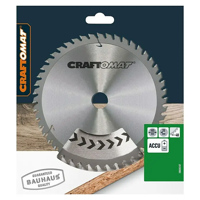 Craftomat Kreissägeblatt Accu Holz - 165 mm, Bohrung: 20 mm, Anzahl Zähne: 48 Stk. - Kreissägeblatt von Craftomat, ideal für akkubetriebene Sägen. Präzise Schnitte dank hochwertiger Verarbeitung und spezieller Zahngeometrie.