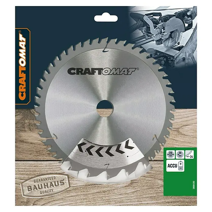 Craftomat Kreissägeblatt Accu Holz - 216 mm, Bohrung: 30 mm, Anzahl Zähne: 24 Stk. - Abbildung einer Craftomat Kreissäge mit den Abmessungen 216 mm x 30 mm, geeignet für Akku-Geräte.