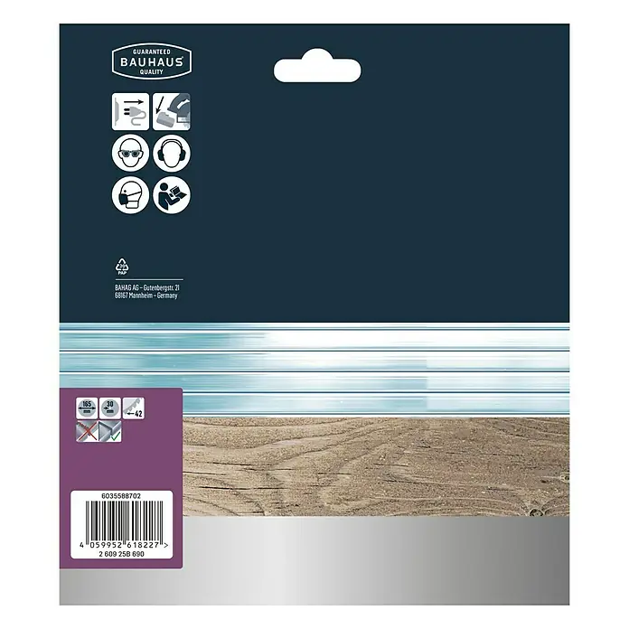 Craftomat Disco de sierra HM - 165 mm, Orificio: 30 mm, Número de dientes: 42 ud. - Parte posterior de un embalaje de producto Bauhaus con sello de garantía, instrucciones de seguridad y código de barras.